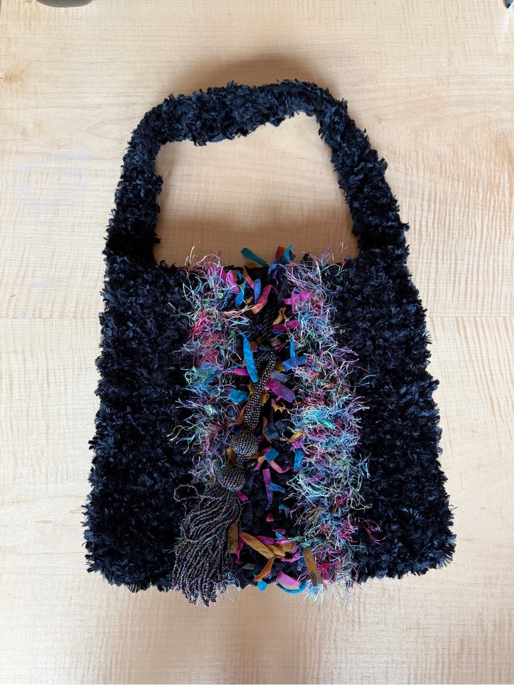 Handmade black/multicolor crochet bag w/ beaded cinch closure